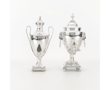 Group of two Sheffield style silver plated tea urns. One with lion head handles; with the number 52554 etched along the base.