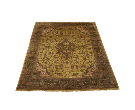 Palace sized Persian Sarouk Feraghan hand-woven wool rug. The hand-woven carpet with a central field in a light green with a 