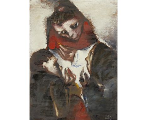 Werner Scholz (German/American, 1898-1982). Oil on panel painting depicting two children garbed in black huddled around a mot