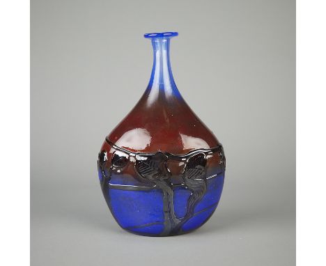 Jean-Claude Novaro (French, 1943-2015). Handblown glass vase in deep red and blue with abstracted organic forms along the sid
