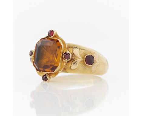 18k yellow gold hollow form Finnish mens ring, 1876. Set with a central square paste and four rose cut garnets at compass poi
