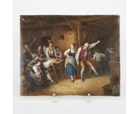 KPM, Germany. Hand-painted porcelain plaque depicting peasants dancing in a tavern or hall. With a label from Sotheby's affix