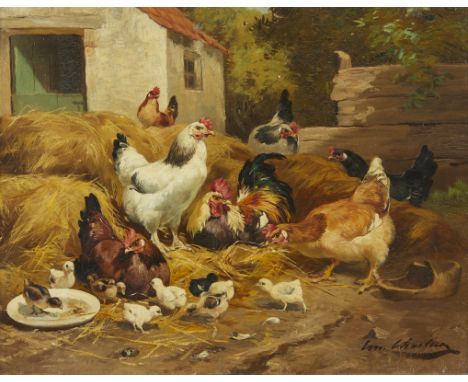 French school oil on canvas-laid board farmyard painting depicting chickens including a rooster, chicks, and hens. Signed ill