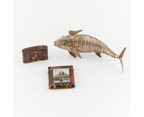 Group of three objects including:One sterling silver articulated fish with green cabochon eyes. Stamped 925 and with a maker'