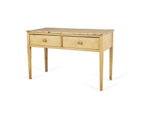 Antique rustic two-drawer desk with slightly tapered legs.Height: 31 in x width: 47 1/4 in x depth: 22 1/2 in.Condition:The d