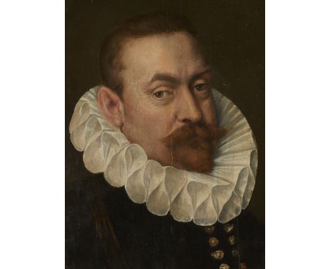 Mid-17th century oil on panel Dutch school portrait painting depicting a gentleman with a large ruffed collar. With two label