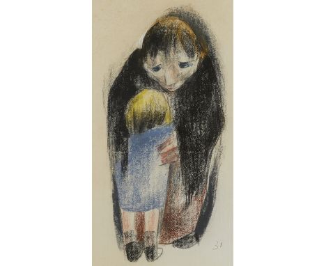 Werner Scholz (German/American, 1898-1982). Pastel on laid paper drawing depicting a figure in black embracing a child in blu