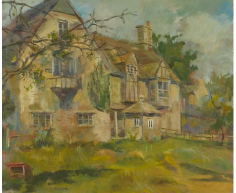 Louis Bouche (American, 1896-1969). Oil on canvas painting titled "Major Pereira's House" depicting a cottage. Signed along t
