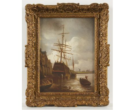 Alexandre-Ferdinand Kreutzer (French, 1860-1917). Oil on panel painting titled "Low Tide" depicting a large ship in a Dutch l