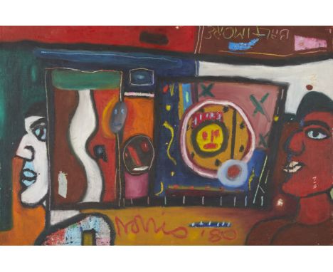 Norris Embry (American, 1921-1981). Mixed media on canvas-laid board depicting two figures on a colorful abstract composition