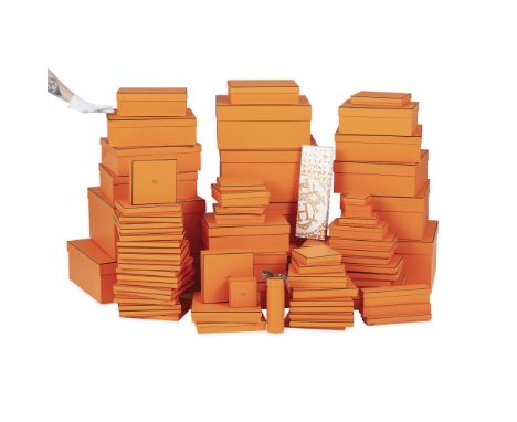 Large group of 75 empty Hermes boxes. In the brand's signature bright orange color.(Smallest) height: 1 1/4 in x width: 3 3/4