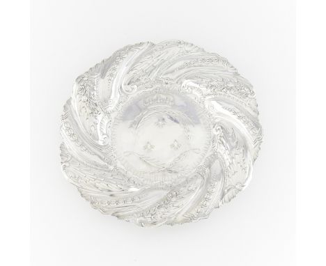 French sterling silver platter with repousee decoration. The base with a five arch fleur de lis crown and three fleur de lis 