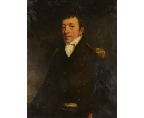 19th century Continental oil on canvas portrait painting depicting a seated officer.Sight; height: 35 1/2 in x width: 27 1/4 