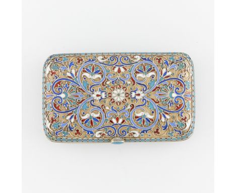 Russian silver gilt and enamel case. Decorated throughout with graceful scrolling enamels in shades of blue, white, and red. 