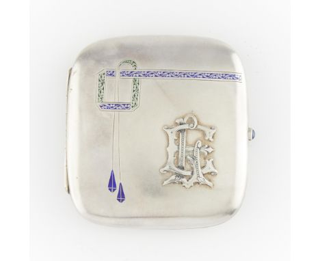 A German 800 silver case. The front with blue and green Art Deco style enamel depicting a ribbon and briolettes and apliquee 