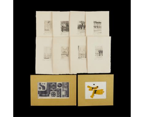Group of ten artworks including:Eight engravings depicting views of Paris. Each pencil signed, possibly Michel Berit, dated 1