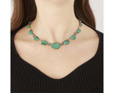 French Georgian malachite cameo, diamond and pearl necklace, ca. 1798-1809. Comprised of 18 finely carved malachite cameos de
