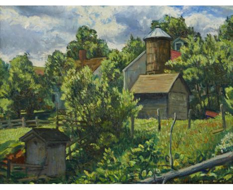 Henry Schnakenberg (American, 1892-1970). Oil on canvas painting titled "Farm Buildings" depicting a sunny landscape with var