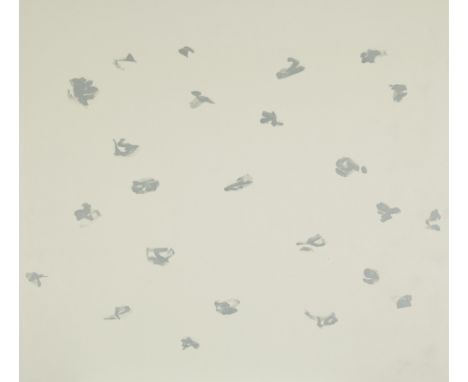 Terence Accola (b. 1966). Large oil on canvas affixed to a panel painting depicting a white field with spots of pale blue.Hei