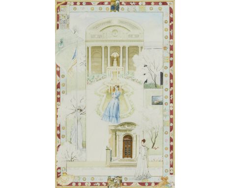 Claire Anne Khalil (American, b. 1944). Watercolor on paper painting depicting figures in a garden. Inscribed along the lower