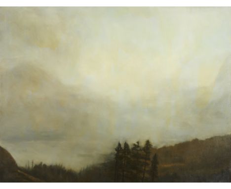 Don Pollack (American, b. 1958). Oil on canvas painting titled "High Five, Fire Line" depicting a smoky or misty landscape, 1