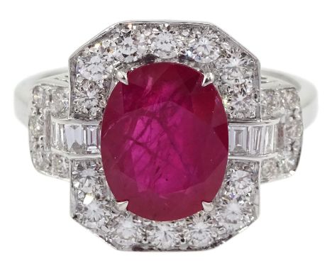 18ct white gold oval ruby, baguette and round brilliant cut diamond cluster ring, stamped 750, rugby approx 2.40 carat, total