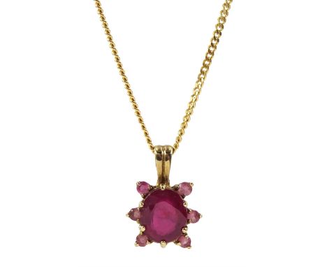 9ct gold ruby and pink stone pendant, on 18ct gold chain, both hallmarked