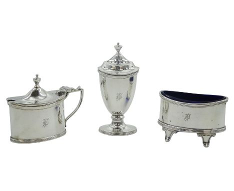 George V silver condiment set, comprising open salt, mustard pot and cover, and pepper, each of oval form with engraved initi