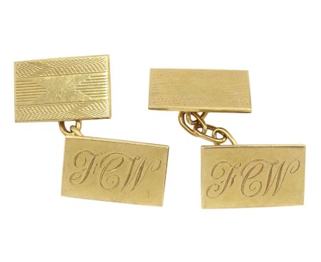 Pair of 9ct gold rectangular cufflinks, with initialled and engine turned decoration