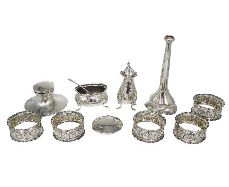 Group of assorted silver, to include 20th century silver mounted capstan inkwell, hallmarked W J Myatt &amp; Co, Birmingham, 