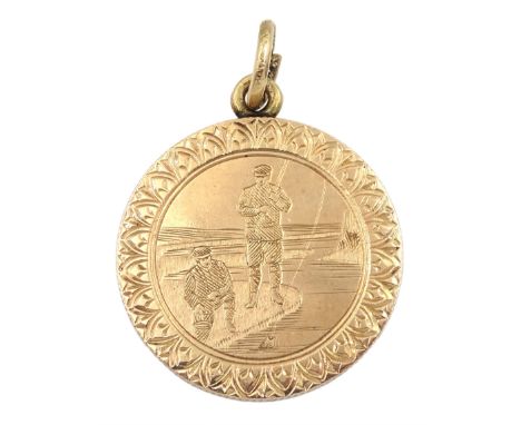 Edwardian 9ct gold 'Derby Angling Association' presentation pendant medallion, by Walker &amp; Hall, Sheffield 1908, approx 1