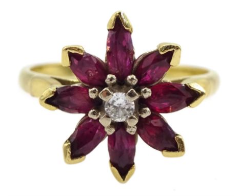 18ct gold marquise shaped ruby and round brilliant cut diamond flower head cluster ring, hallmarked