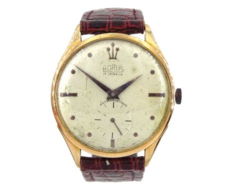 Horus 18ct gold gentleman's manual wind wristwatch, Helvetia Head hallmark, on leather strap