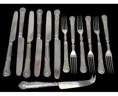 Victorian silver handled Kings pattern dessert set for six place settings, hallmarks heavily worn, probably George Unite, Bir