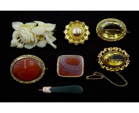 Two Victorian gold citrine brooches, two banded agate brooches, one with etched initials, gold Etruscan revival mourning broo