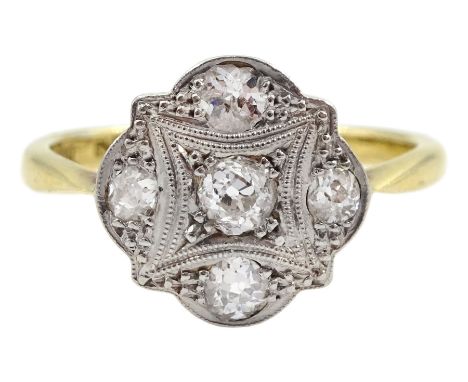 Art Deco gold milgrain set, five stone diamond cluster ring, stamped 18ct Plat, total diamond weight approx 0.40 carat