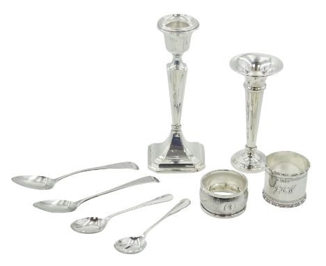 Group of assorted silver, comprising small silver mounted candlestick with weighted base, hallmarked Clark &amp; Sewell, Birm