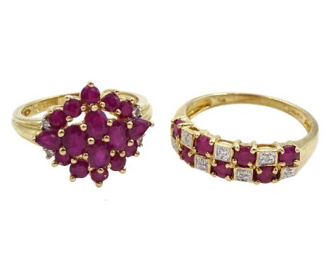 Gold ruby and diamond cluster ring and a ruby and diamond two row half eternity ring, both hallmarked 9ct