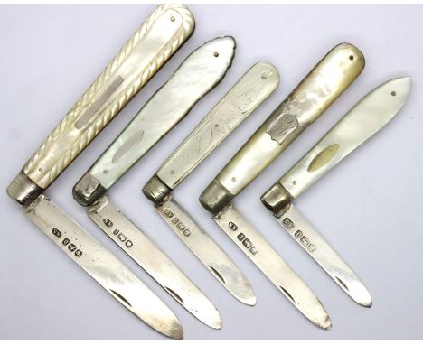 Five hallmarked silver blade mother of pearl handle fruit knives, maker AS. P&amp;P Group 1 (£14+VAT for the first lot and £1