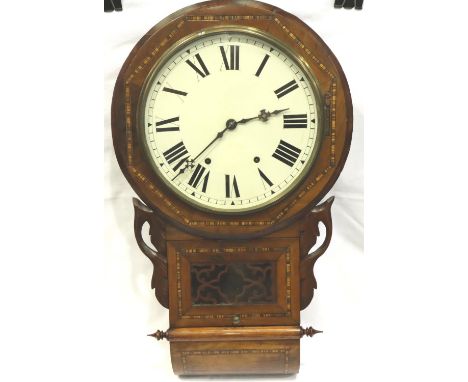 19th century inlaid walnut drop dial wall clock with enamelled circular dial, H: 70 cm. Not available for in-house P&amp;P, c