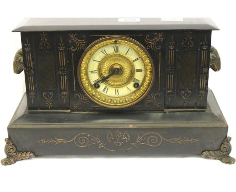 Marble chiming mantel clock with brass mounts, key and pendulum, H: 25cm. Not available for in-house P&amp;P, contact Paul O'