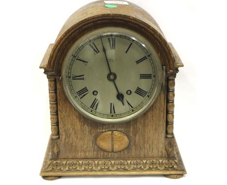 D Morgan Cardiff; oak cased mantle clock, with key. Not available for in-house P&amp;P, contact Paul O'Hea at Mailboxes on 01