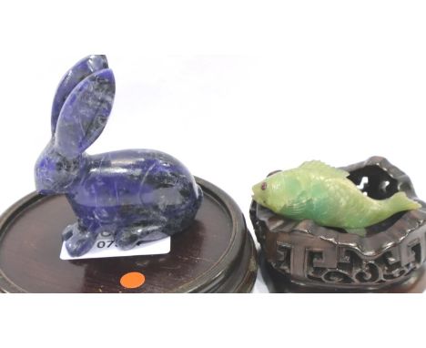 Jade Carp bottle cap and a carved stone Hare, largest H: 65 mm. P&amp;P Group 1 (£14+VAT for the first lot and £1+VAT for sub