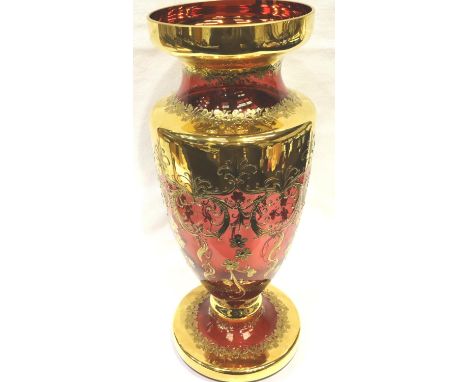 Large 20th century gilt ruby glass vase in the Bohemian style, H: 41 cm. P&amp;P Group 3 (£25+VAT for the first lot and £5+VA