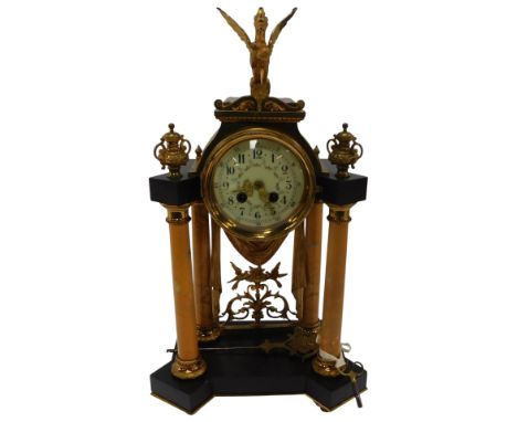 A Louis XVI style gilt brass and marble portico clock, the circular cream enamel dial bearing Arabic numerals, hand painted w