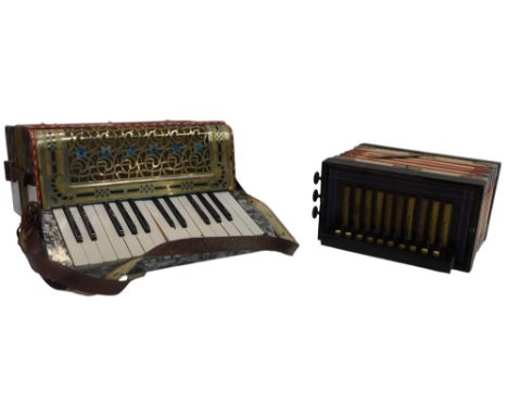 A German Bonelli sixteen button accordion, cased, together with a Golumb's Glasgow ten button squeeze box. (2)