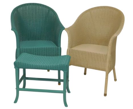A group of Lloyd Loom furniture, comprising a turquoise painted tub chair with stool, together with a cream tub chair. (3)