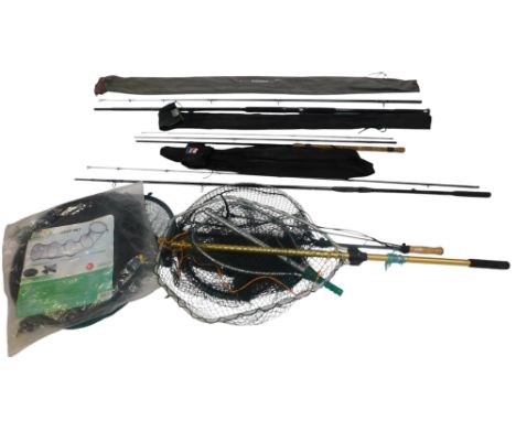 Various fishing tackle, including a Leader Piranha 12ft FS Power Surf beach casting rod, Crivit keepnet, a Singal Spin 2404 c