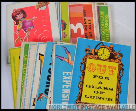 A collection of humorous postcards / cards, each depicting different humorous scenes, either hang on the wall or use the buil