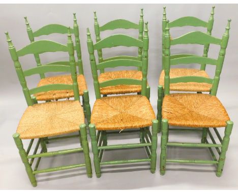 A set of six green painted Continental dining chairs, each with a ladder back and seat